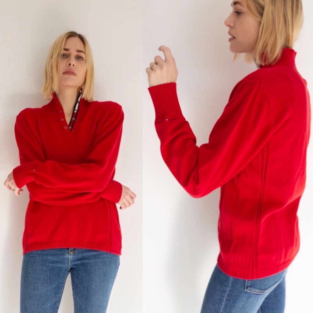 Tommy Hilfiger 90s Button Knit Logo Sweater Red XL